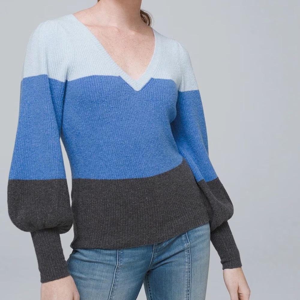White House Black Market Blue, Light Blue & Charcoal Colorblock V-Neck Sweater